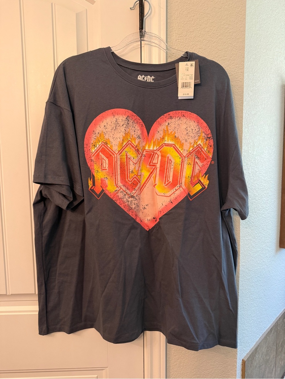 AC/DC Short Sleeve Tee in Charcoal with Pink & Yellow Heart Logo